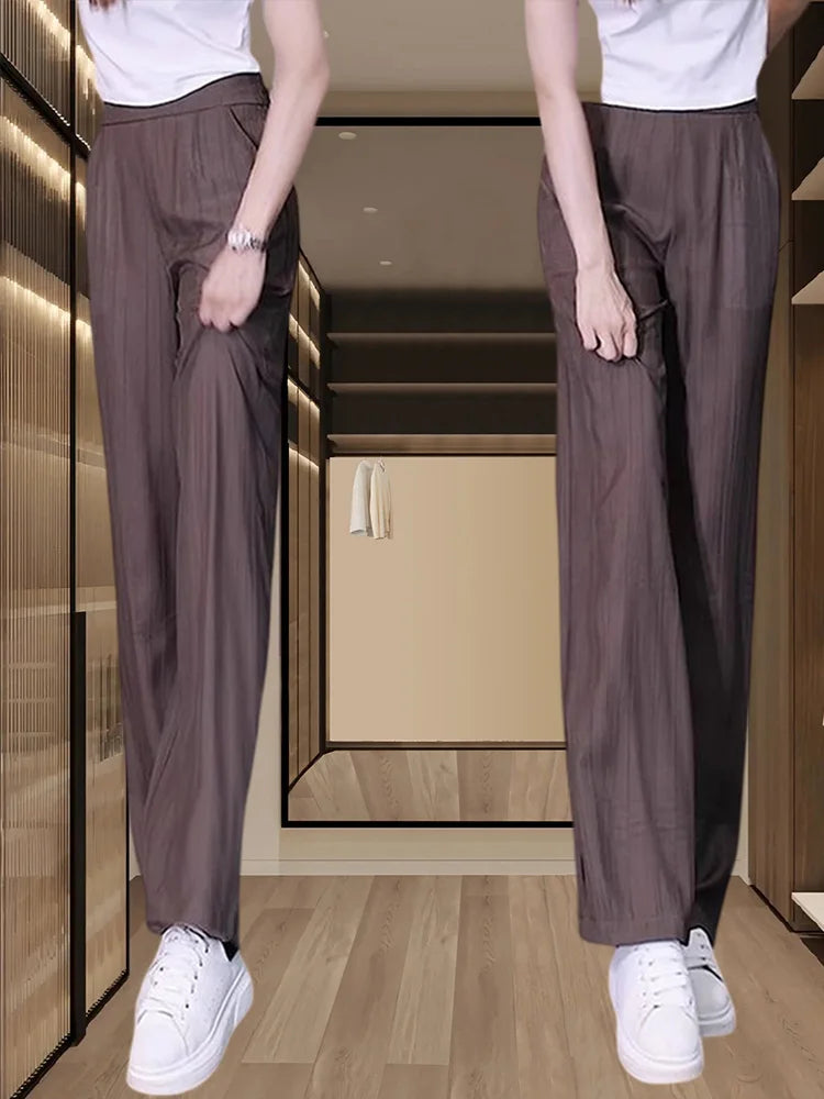 Women's Ice Silk Wide Leg Pants - High Waist Loose Casual Trousers
