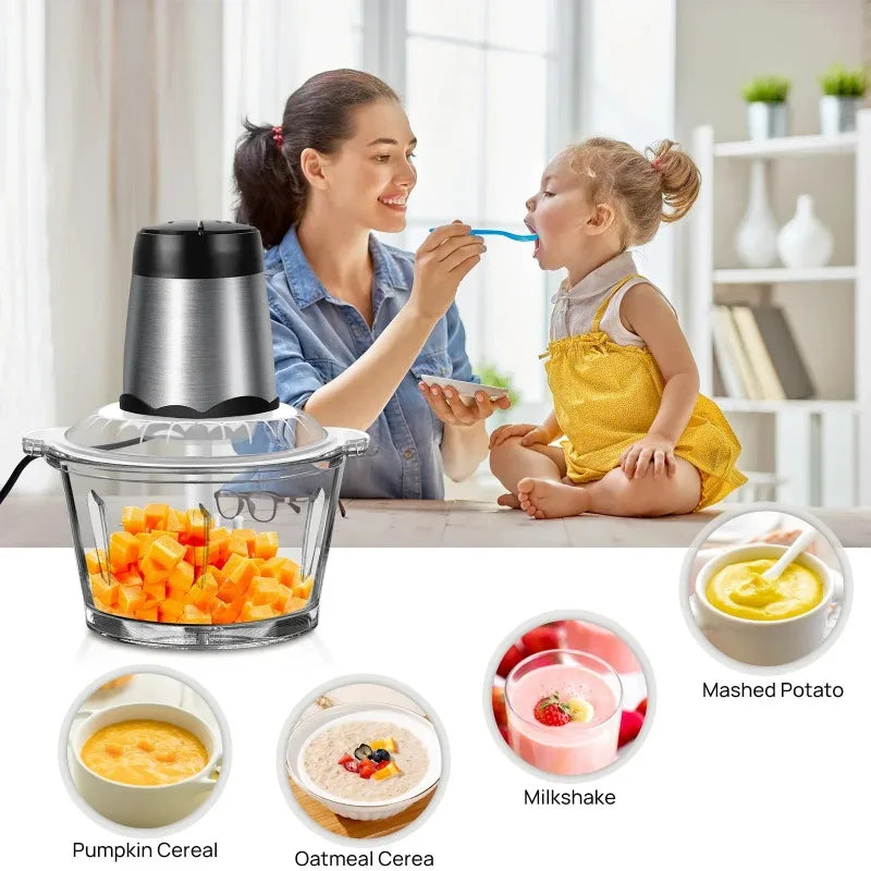2L Electric Meat Grinder Food Chopper Stainless-Steel Blades Small Food Processor Removable Dicer 2 Speeds Meat Mincer