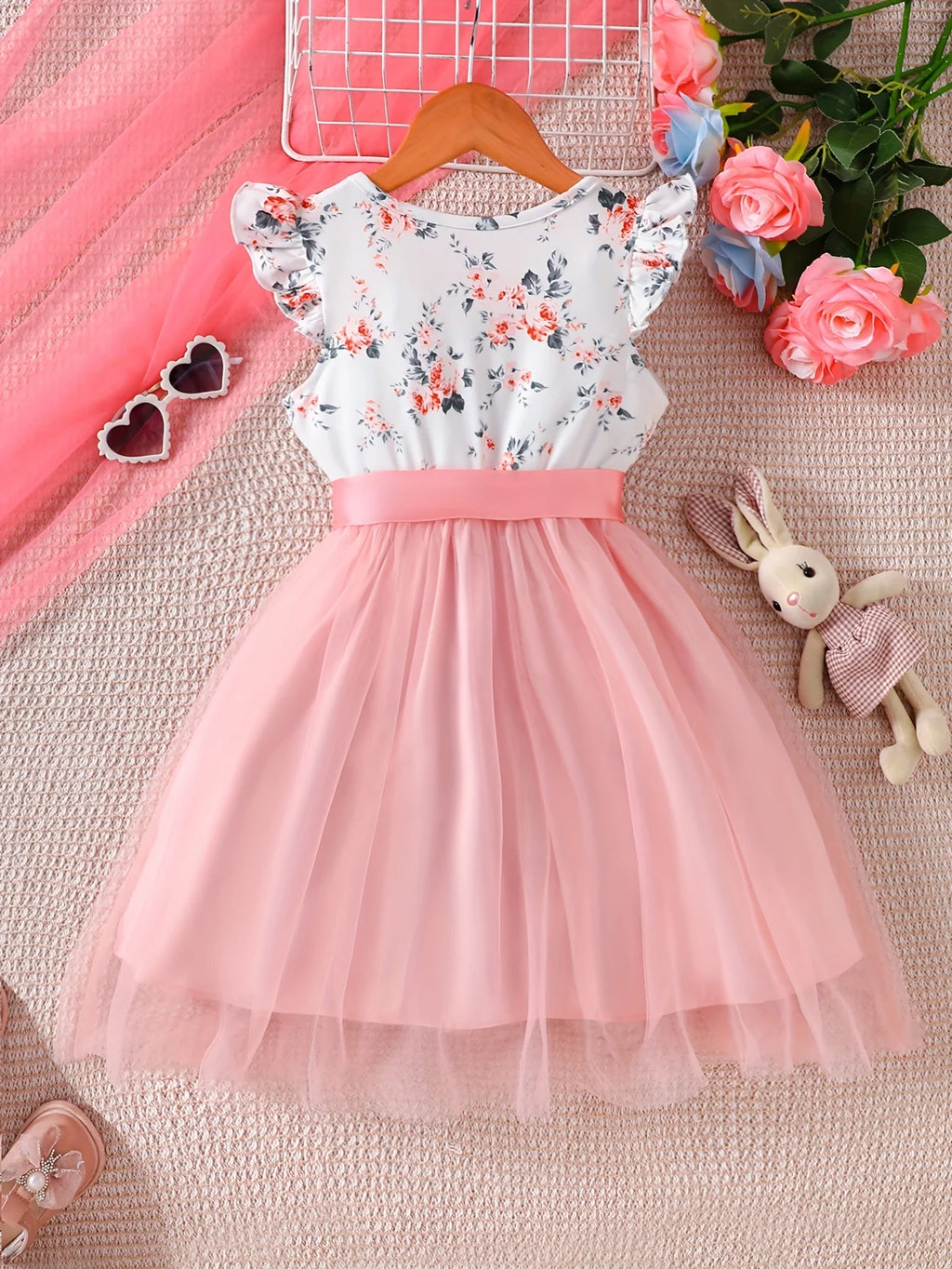 Girls' Knitted Round Neck Sleeveless Ruffled Floral Mesh Dress Dress