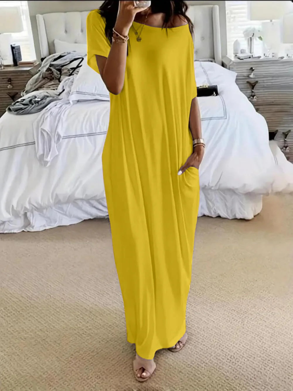 Casual Pure Color Short Sleeve Long Dress Women's Summer New Style Cross-Border TK Loose Waist Milk Fiber Straight Cut Dress