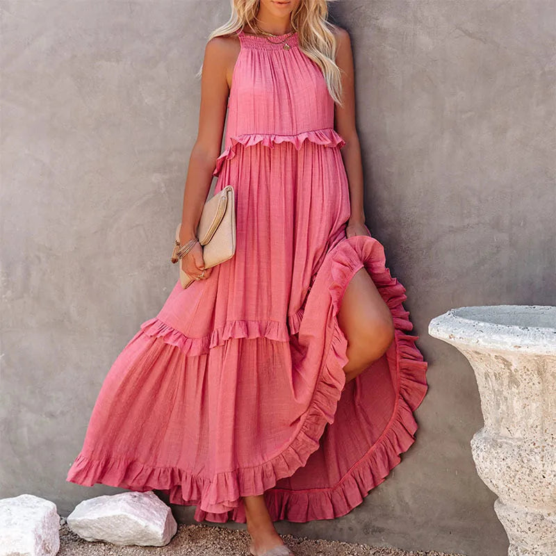 Women Halter Neck Maxi Dress Sleeveless Ruffle Tiered Loose Flowy Bohemian Beach Long Dress