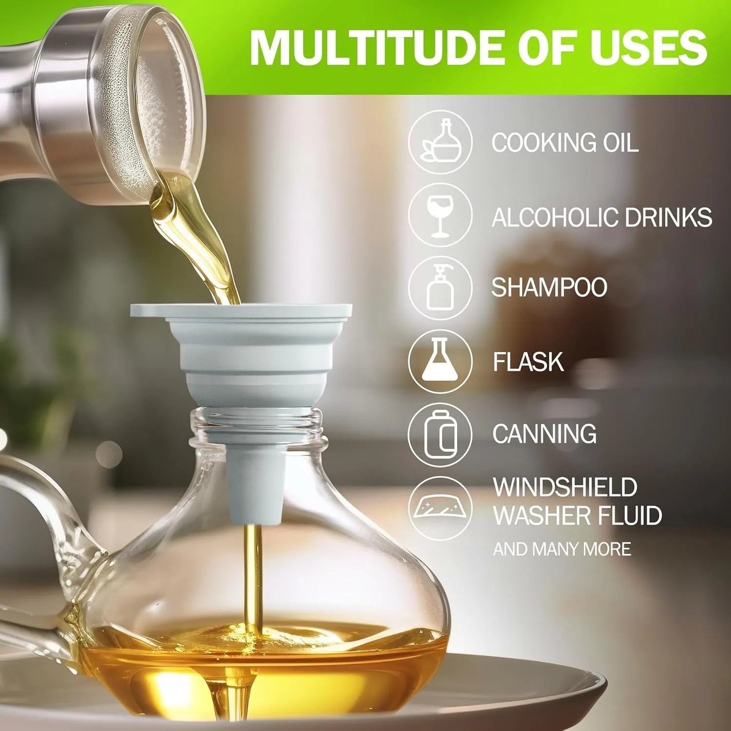 Juego de 3 embudos de cocina de acero inoxidable, embudos pequeños, embudo de boca ancha para tarros, embudo de silicona de grado alimenticio, accesorios de cocina