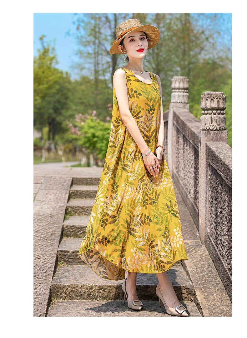 New Women Summer Dresses Vintage Dress FashionRobe Plus Size Sleeveless Femme Casual Print Dresses