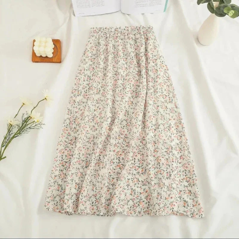 Women's Korean Style Floral Chiffon Midi Skirt – High Waist Loose A-Line Summer Skirt