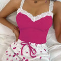 Plus Size Women's Lace Vest Pajama Casual Cute Printed Comfortable Athletic Shorts Women Summer Set Y2K Sexy Micro Shorts Pink
