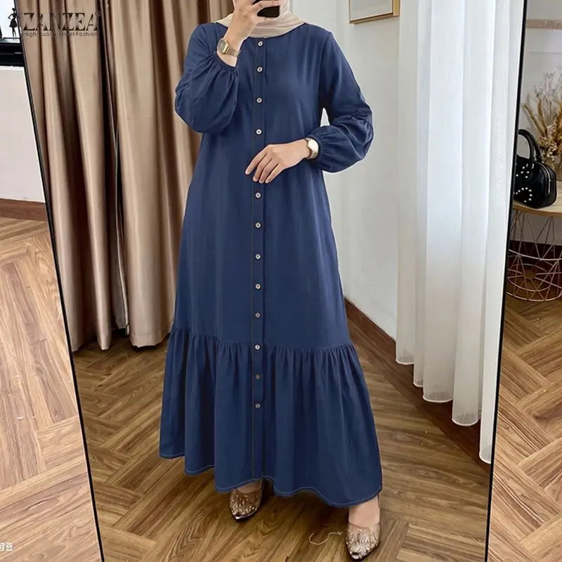 Modest Fashion Women Denim-Like Maxi Dress O-Neck Lantern Sleeve Button Up Abaya Robes ZANZEA Muslim Islamic Hijabis Kaftan