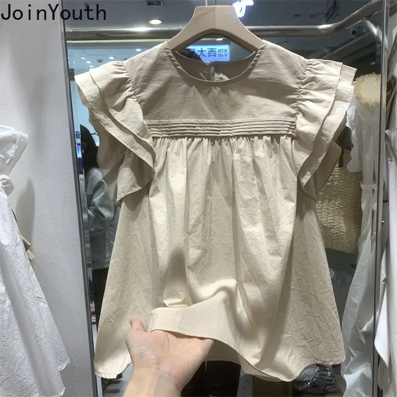 Women's Korean Style Ruffle Blouse – Loose O-Neck Flying Sleeve Vintage Top