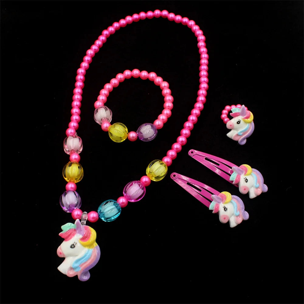 1 Set Handcrafted Unicorn Kids Beaded Jewelry Set Cute Animal Necklace Bracelet Ring And Hair Clips Set For Little Princess