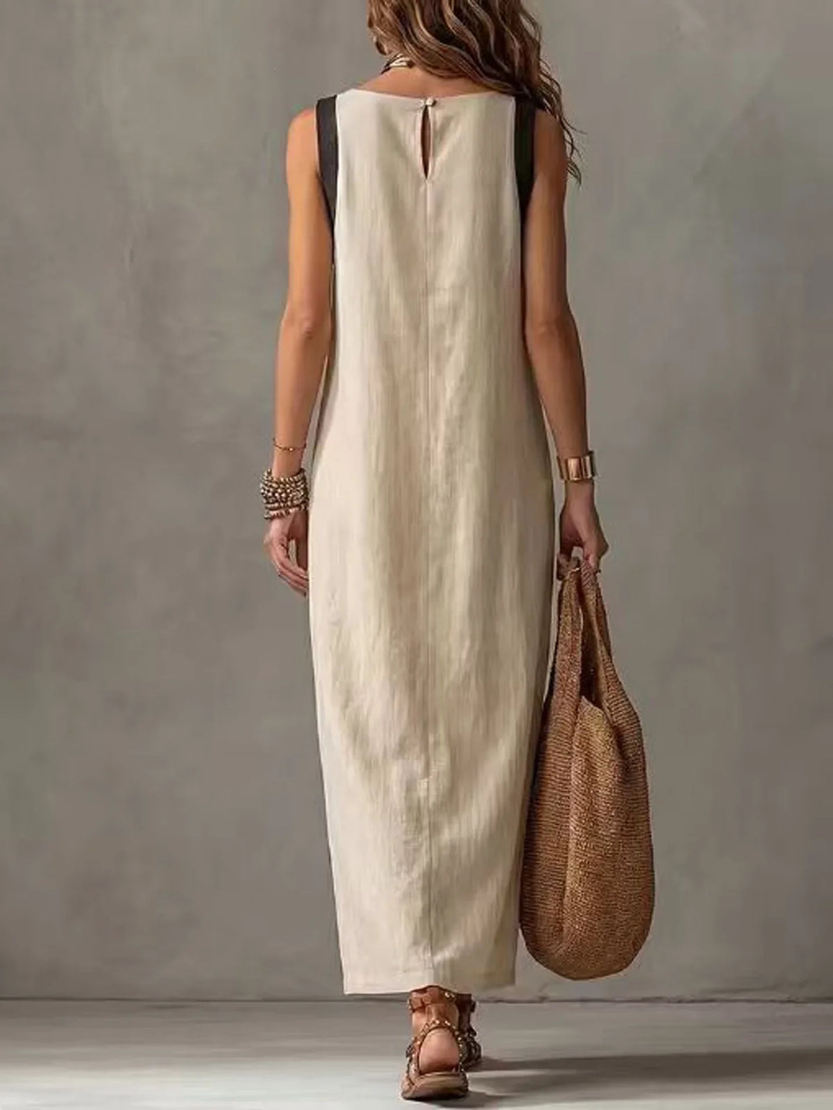 Boho Asymmetrical Hem Maxi Dress Front Slit Contrast Trim Summer New Woman Dresses Casual Sleeveless Round Neck Loose Dresses