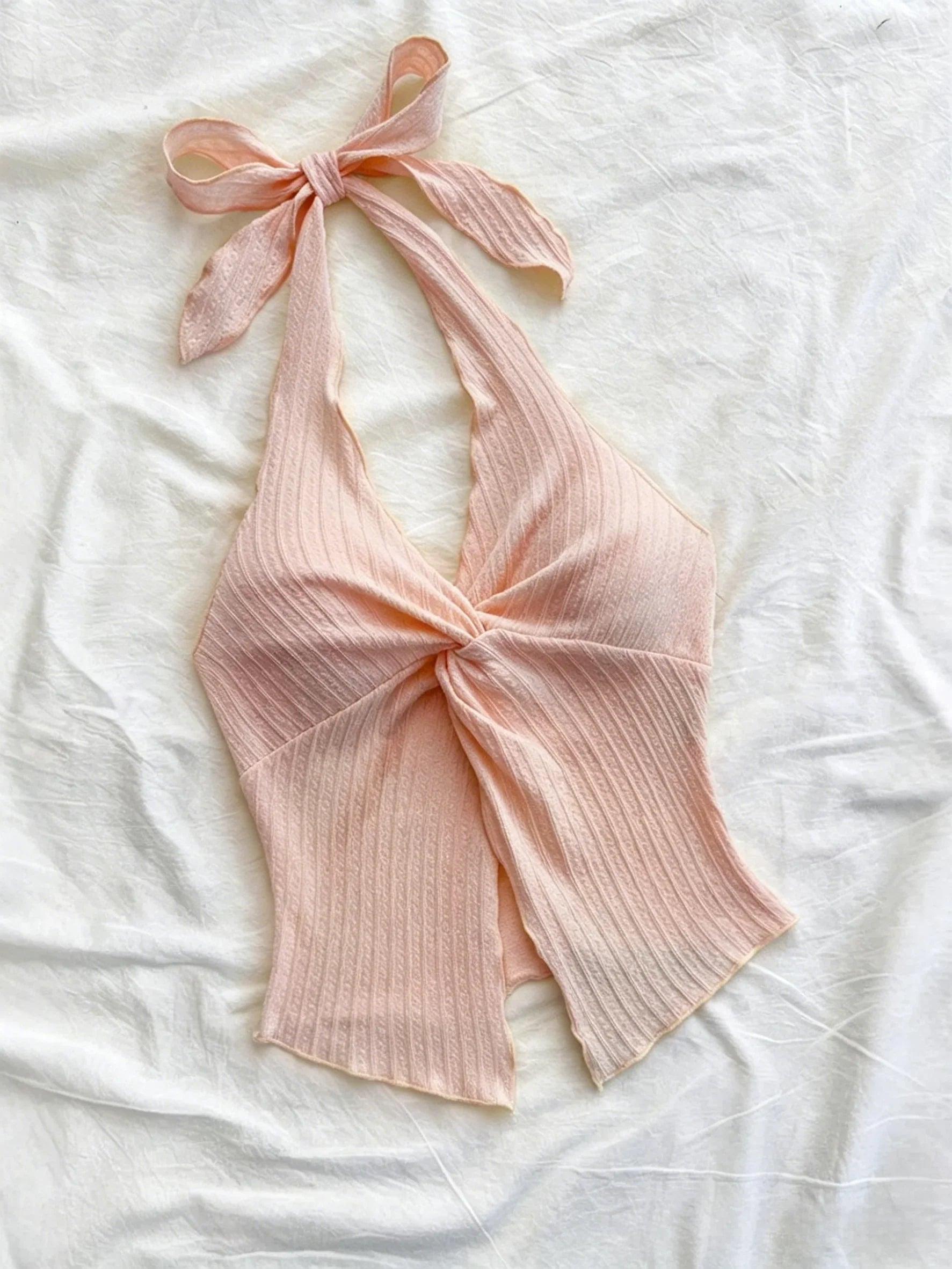 Sexy V-neck Halter Neck Crop Top for Women Summer Sleeveless Solid Split Backless Top Y2K Clothes