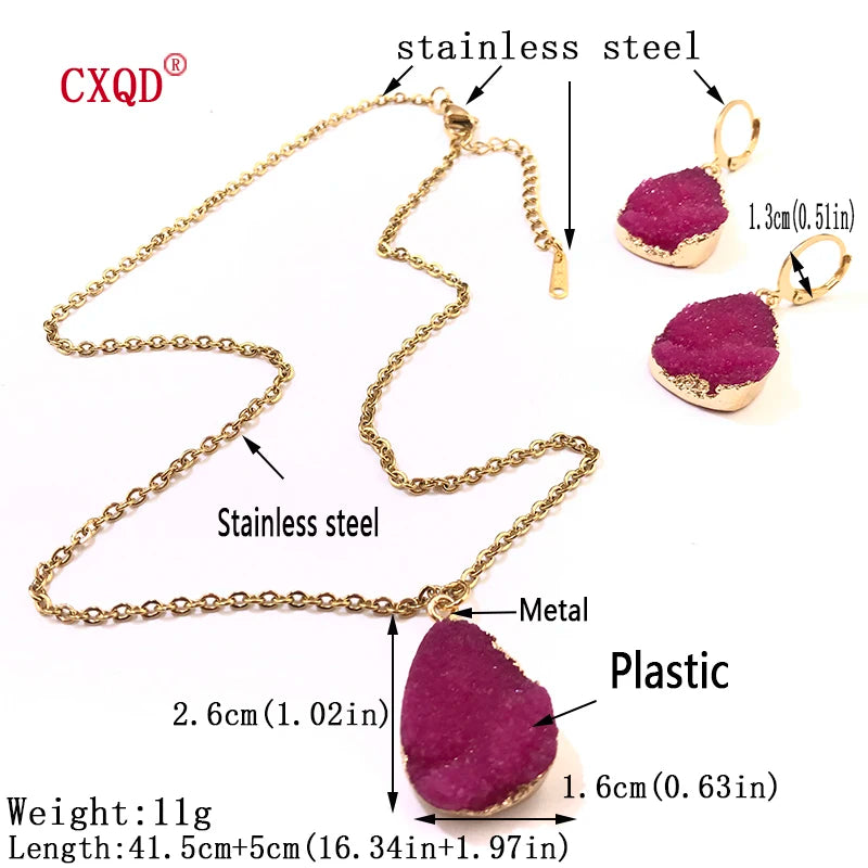 Fashion Cute Lady Water Drop Stainless Steel Resin Pendant Earring Necklace Combination Sweet Multicolor Girl Jewelry Party Gift