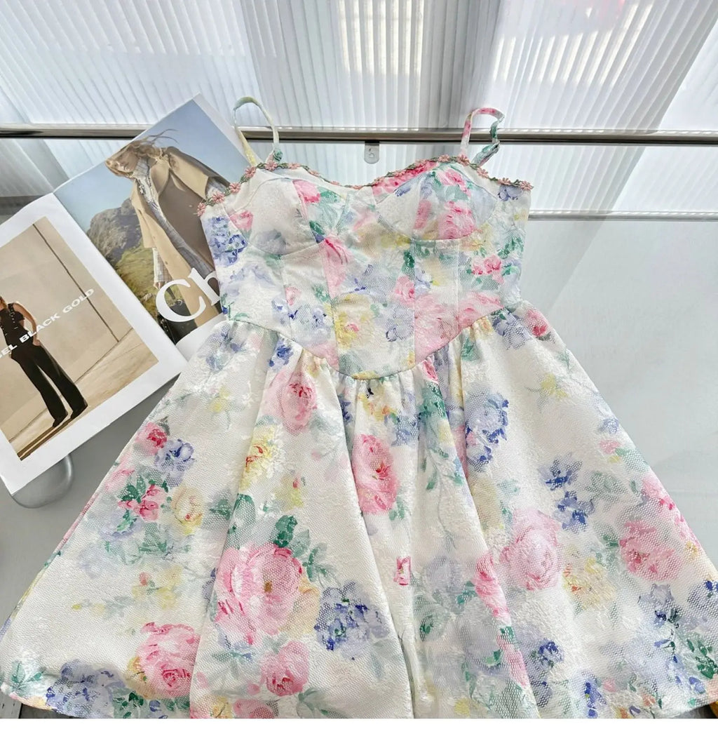 Sweet Pure Desire Style Women's Floral Print Halter Dress Slimming Waist Design Casual Summer Polyester Fiber Gown