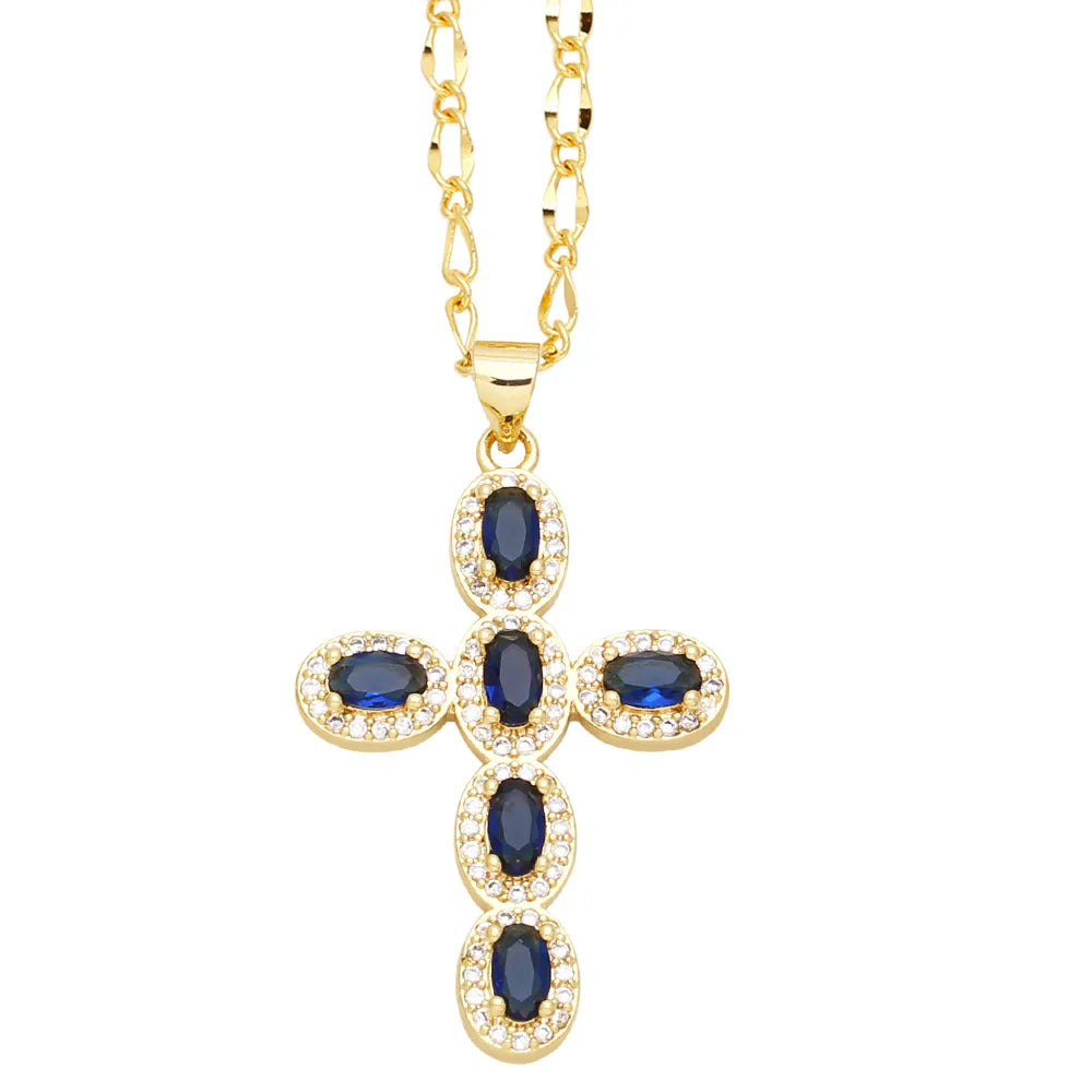 Fashion Personality 1 Piece Necklace Elegant Women'S'S Micro Inlaid Colorful Round Zircon Cross Necklace