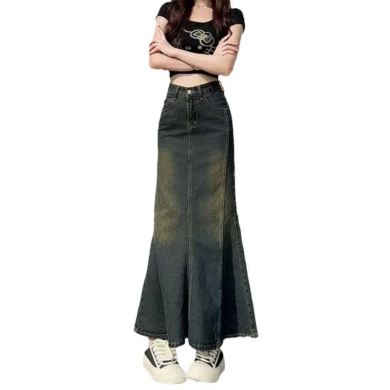 2026 Vintage Denim Spring New High Waist Slimming Mid Length A-line Fish Tail Wrapped Buttocks Skirt for Women