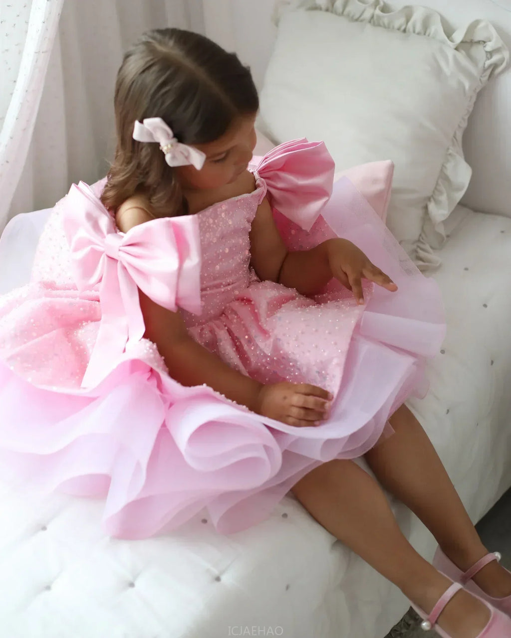Party Dress Clothes Children Lovely Pink Flower Girl Wedding Sequins Beading with Bow Kids Birthday First Communion Ball Gowns