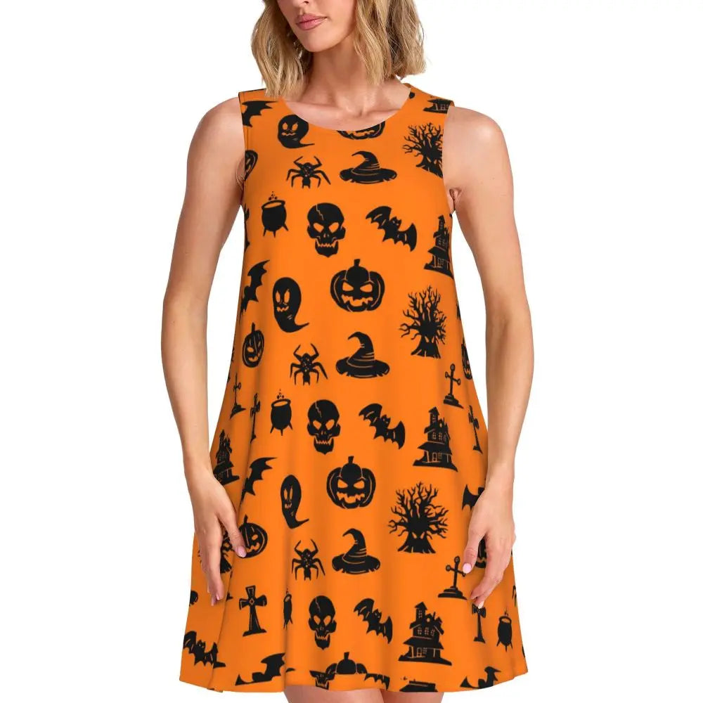 Happy Haunts Casual Dress Spooky Cute Halloween Street Fashion Dresses Sleeveless Night Club Dress Hot O Neck Woman Vestido