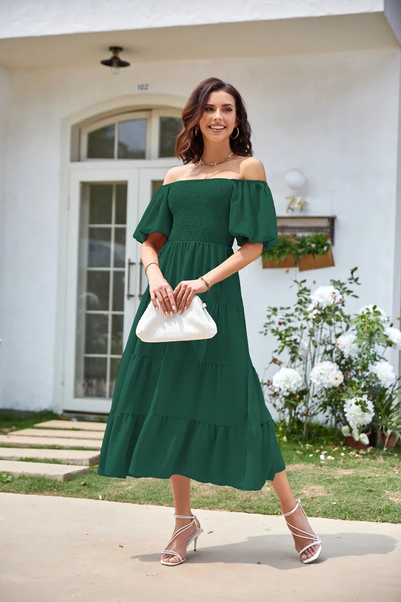 2026 Spring Summer Elegant Women's Long Dress Fashionable Solid Color Square Neck Puff Sleeve Pleated Slim Fit Loose Hem Dress