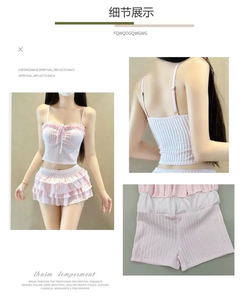 Japanese Fresh Sweet Cute Sexy Hottie Girl Slimming Spaghetti Strap Amd Skirt Split-type Swimsuit Set Bikini Swimwear Women New