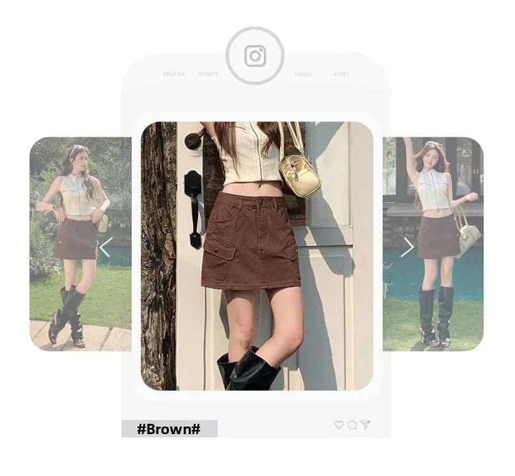 High Waist A-Line Mini Skirt Denim Skirt Women's Multi-Pocket Anti-Light Workwear Half Skirt Street Style Casual Wear