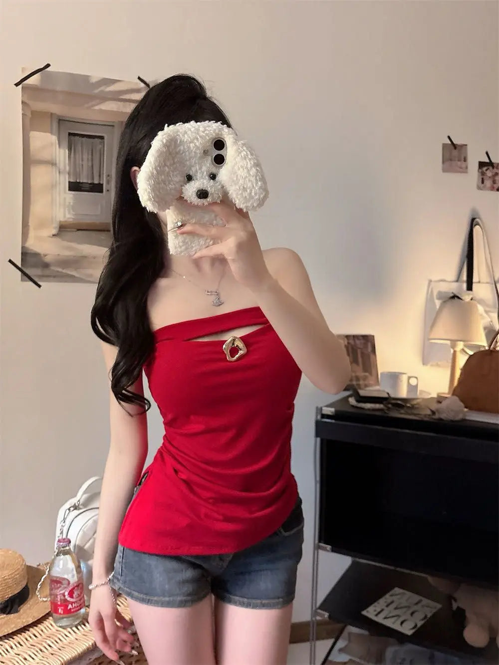Sexy Slimming Red One-Shoulder Tube Top Women's Summer Fitted Hollow out Chest Pad Korean Style Thin T-Shirt Vest
