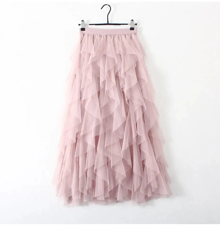 Womens Elastic High Waist Tulle Mesh Irregular Tutu Skirt Gauze Skirt Spring and Summer New Pleated A-Line Skirt in the Long Hi