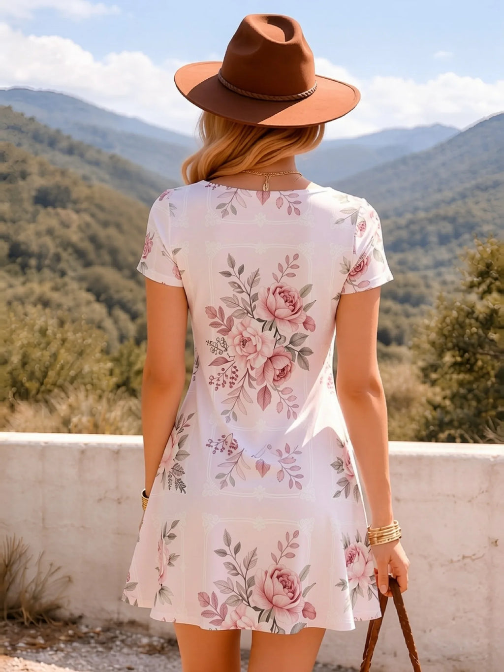 Womens Floral Print V Neck Short Sleeve A Line Dress Relaxed Fit Summer Mini Dress for Weekend Trips Vacation Travel and Parties