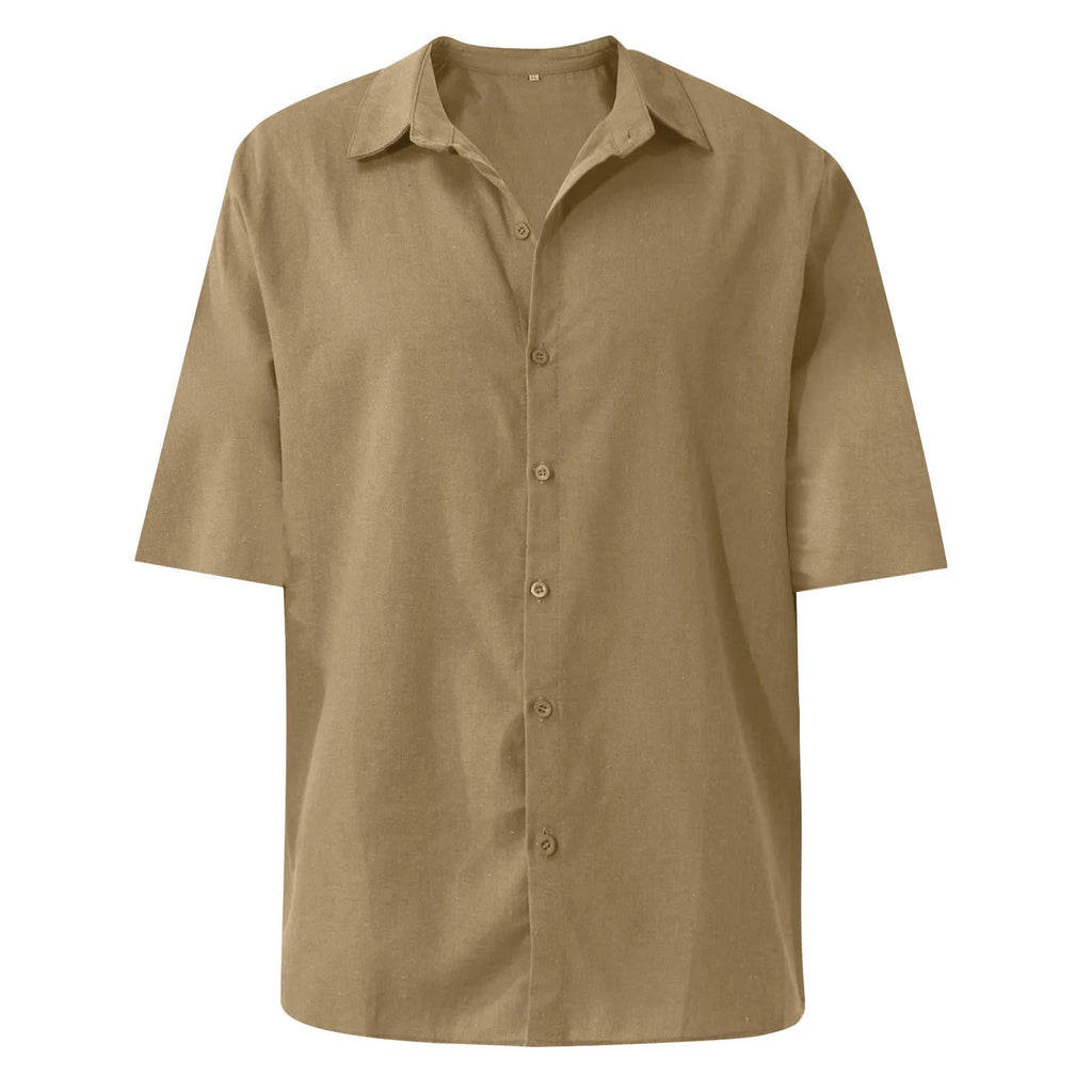 Men'S Short-Sleeved Shirts Cotton Linen Summer Solid Color Turn-Down Collar Quick Drying Casual Beach Style Plus Size Shirts