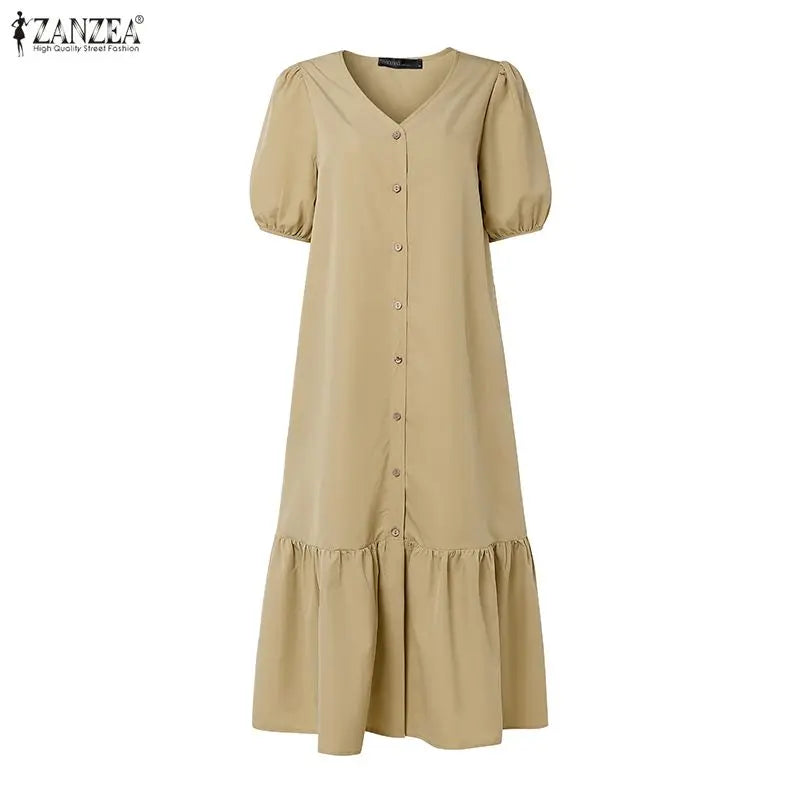 ZANZEA Summer Maxi Dress WomenV Neck Puff Sleeve Button Down Dress Casual Loose Solid Color Ruffle Hem Vacation Sundress Robe