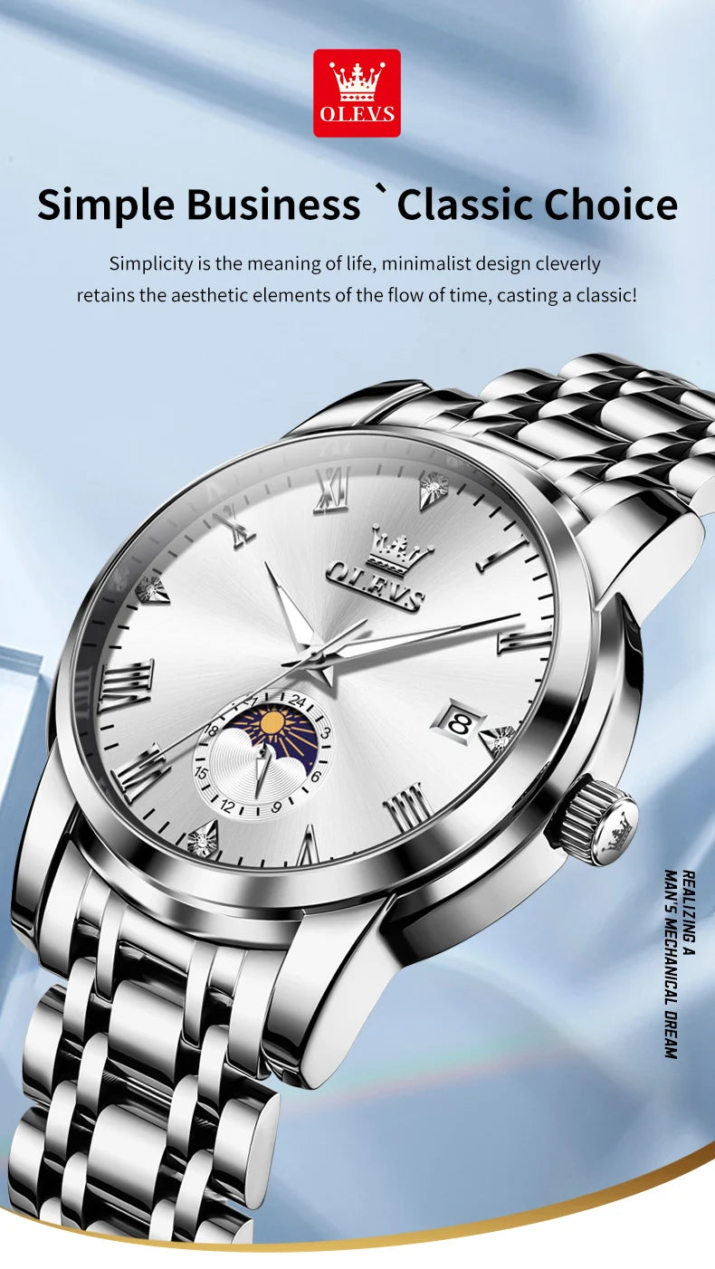 OLEVS 3656 Brand Men's Watches Fashion Original Quartz Watch for Man Waterproof Stainless Steel Luminous Wristwatch Moon Phase