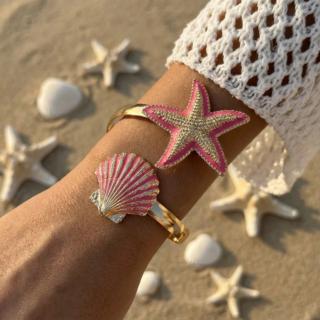 Enamel Flower Open Cuff Bracelet For Women Elegant Gold Plated Floral Beach Jewelry