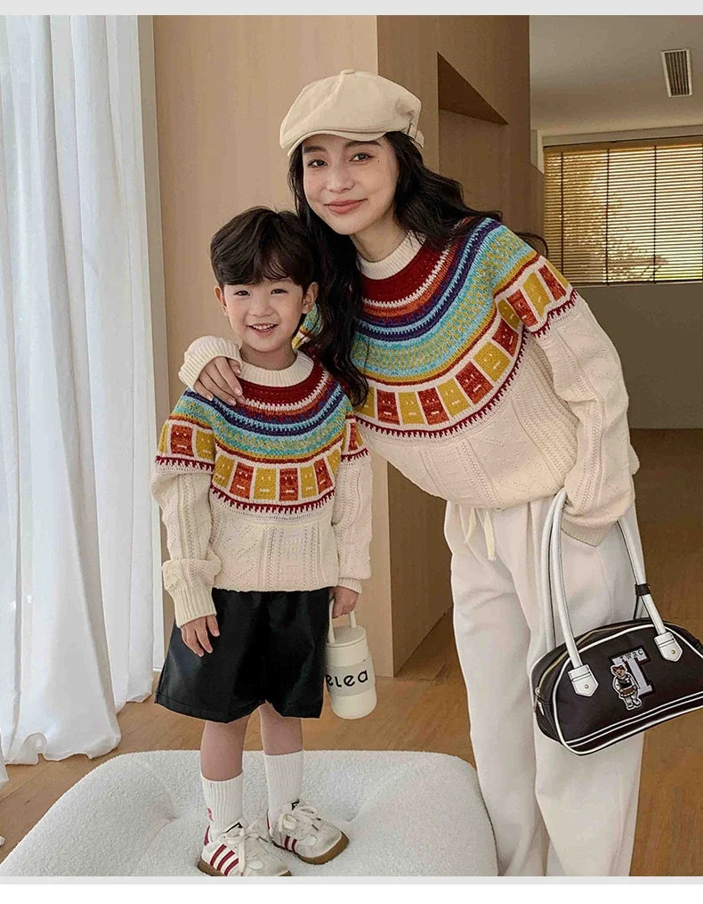 Women Sweater Print Family Daughter Matching Equal Mother Same Knit Top Pullover Baby Knitwear Clothes Knitted Jumper Holiday