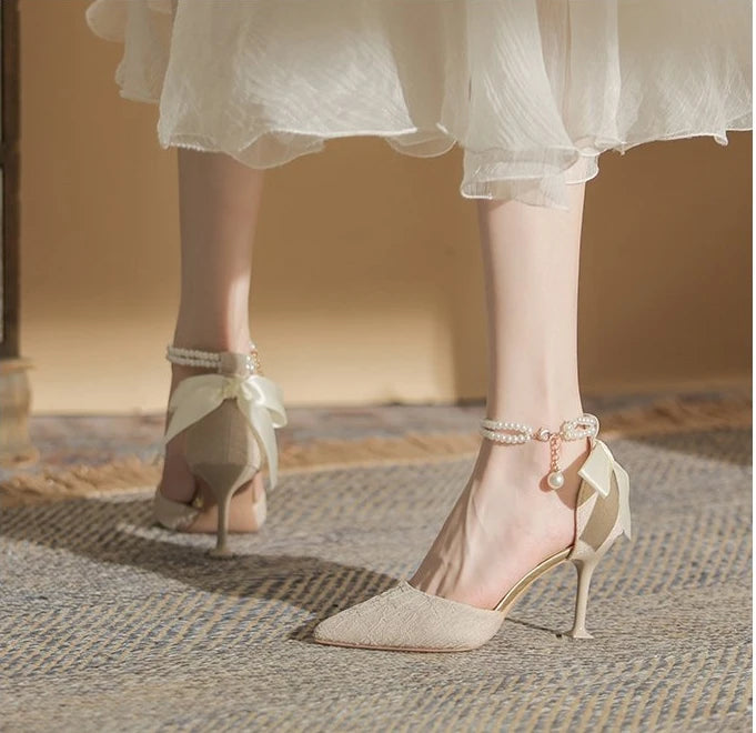 Fashionable high-heeled women's 2025 summer new pearl open-back evening dress stiletto style fairy-tale elegant single shoes