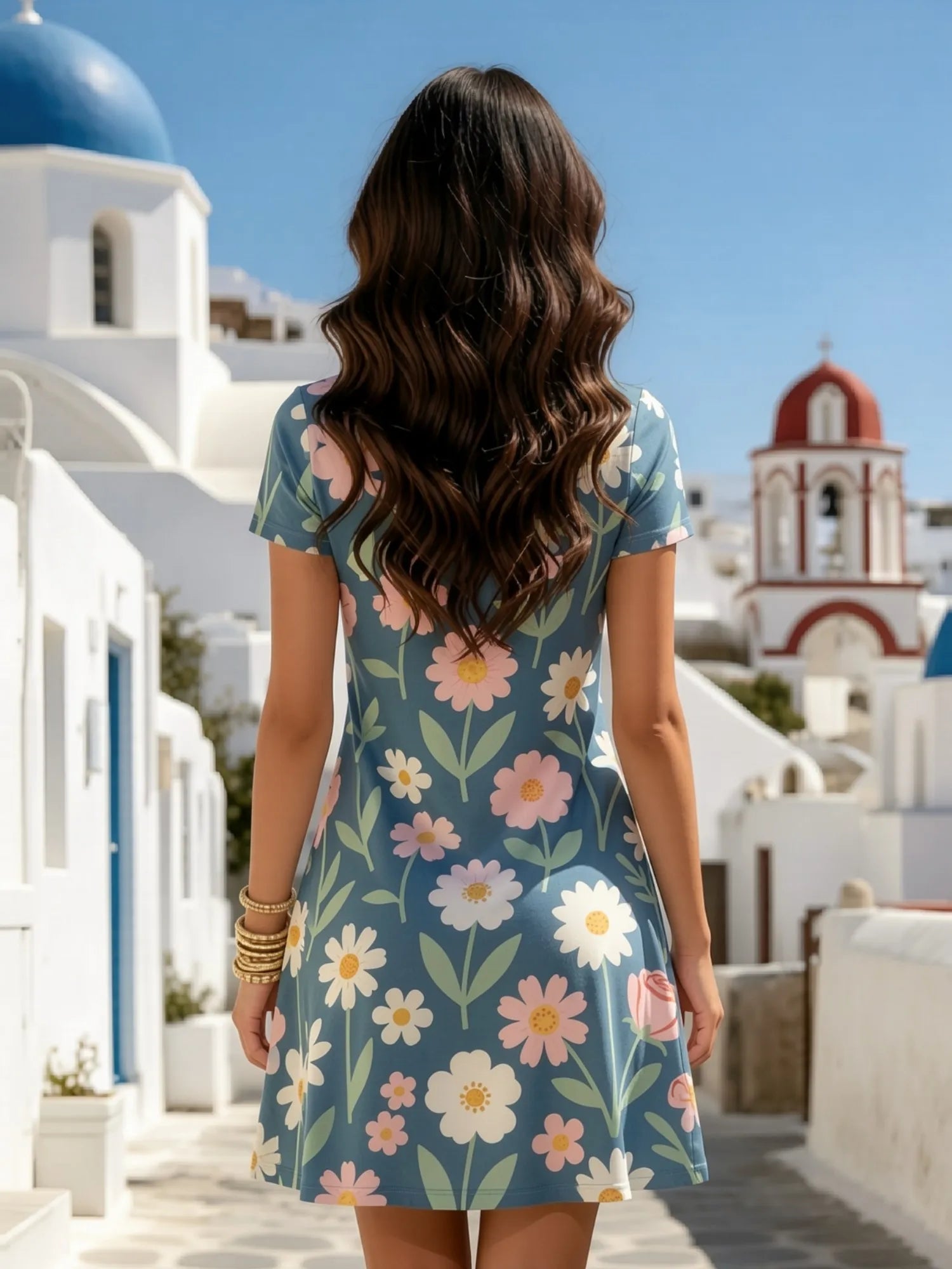 Womens V Neck Floral Print Short Sleeve Swing Dress Relaxed Fit Summer Mini Dress for Everyday Outings Travel and Summer Parties