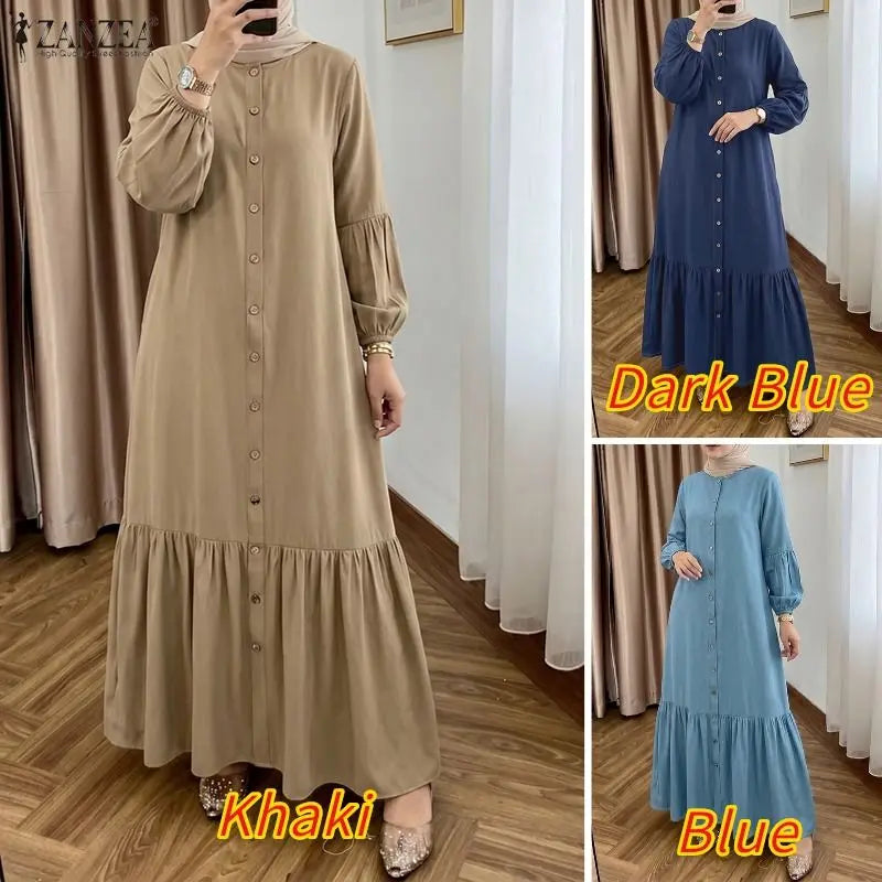 Modest Fashion Women Denim-Like Maxi Dress O-Neck Lantern Sleeve Button Up Abaya Robes ZANZEA Muslim Islamic Hijabis Kaftan