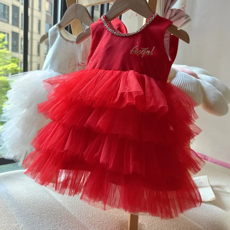 Baby Girls Sequin Tutu Dress for Kids Ruffles Layered Cake Birthday Party Gown Children Fashion Wear Sleeveless Formal Wear