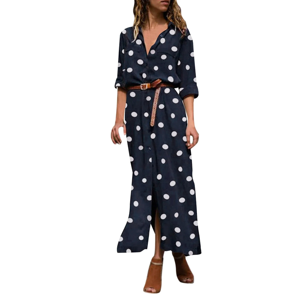 Summer Polka Dot Print Maxi Dress Women's Button Up Split Flowy Shirt Long Dresses Slim Long Sleeve Shirts Dresses With Belt