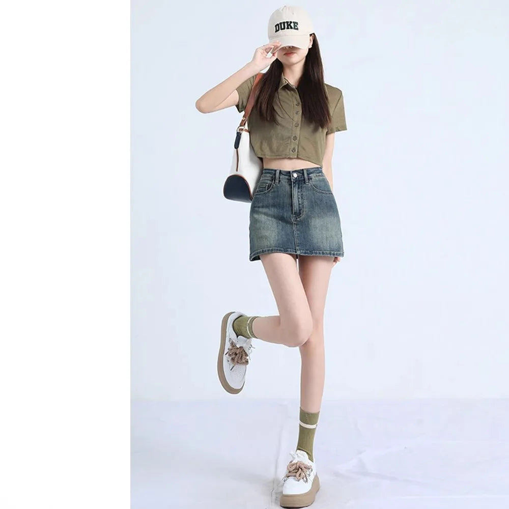 High Waist A-Line Mini Skirt Retro Spicy Girl Denim Women's Summer Slimming Anti-Light Half-length Skirt Street Style Trendy