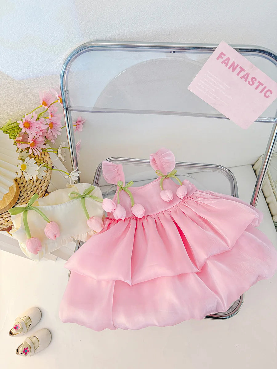 Summer New Tulip Pattern Solid Color Halter Puffy Girl Kid's Dress Cute Casual Princess Dress For Baby Girl ( 0-2 Years Old)