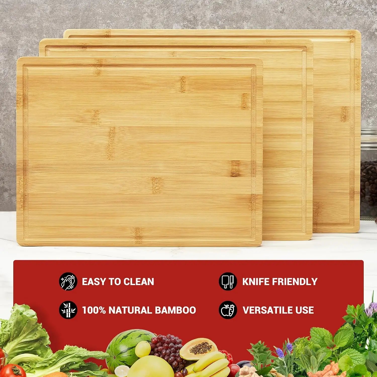 3-Piece Natural Bamboo Cutting Boards Set with Stand | Kitchen Chopping Boards 43x30cm/38x28cm/33x25cm,Deep Juice Grooves,Dishwasher Safe,Knife Friendly