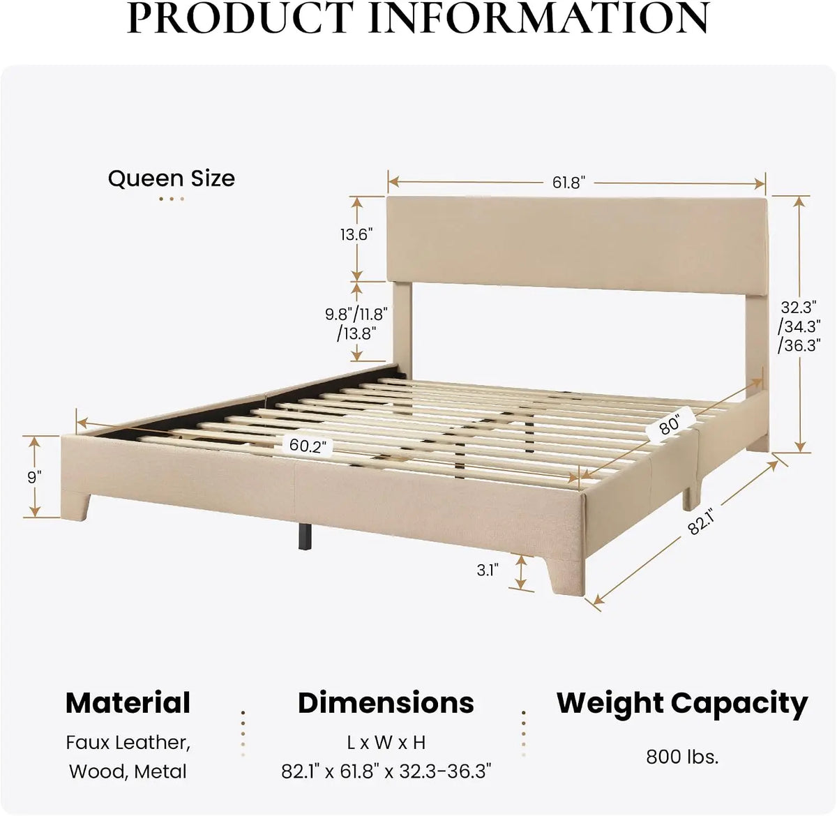 Linen Upholstered Queen Size Bed Frame with Headboard, Beige