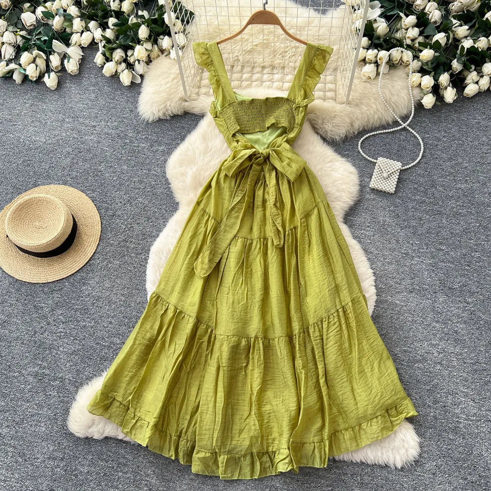 Summer French Sweet Camisole Ruffle Edge Dress for Women New Style with Straps Waist Cinching Vacation Style Dress C579