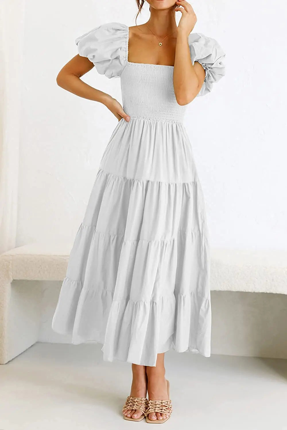 2026 Spring Summer Elegant Women's Long Dress Fashionable Solid Color Square Neck Puff Sleeve Pleated Slim Fit Loose Hem Dress