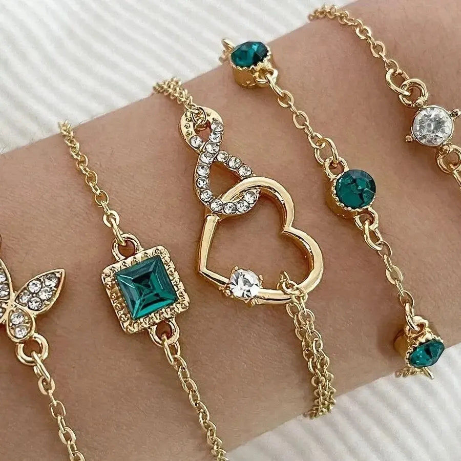 5 Pcs Set Hallow Out Heart Green Crystal Stone Bracelet Set For Women'S Gold Color Lovely Butterfly Rhinestone Girls Bracelet Set