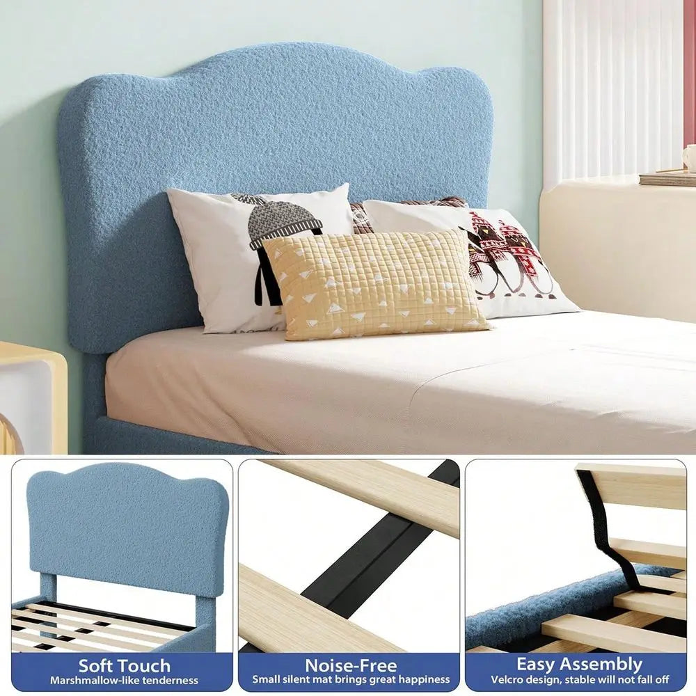 Twin Size Bed Frame For Kids With Scallop Headboard, Cute Velvet Twin Bed For Girls, Boys, Sturdy Platform Bed, No Box Spring N