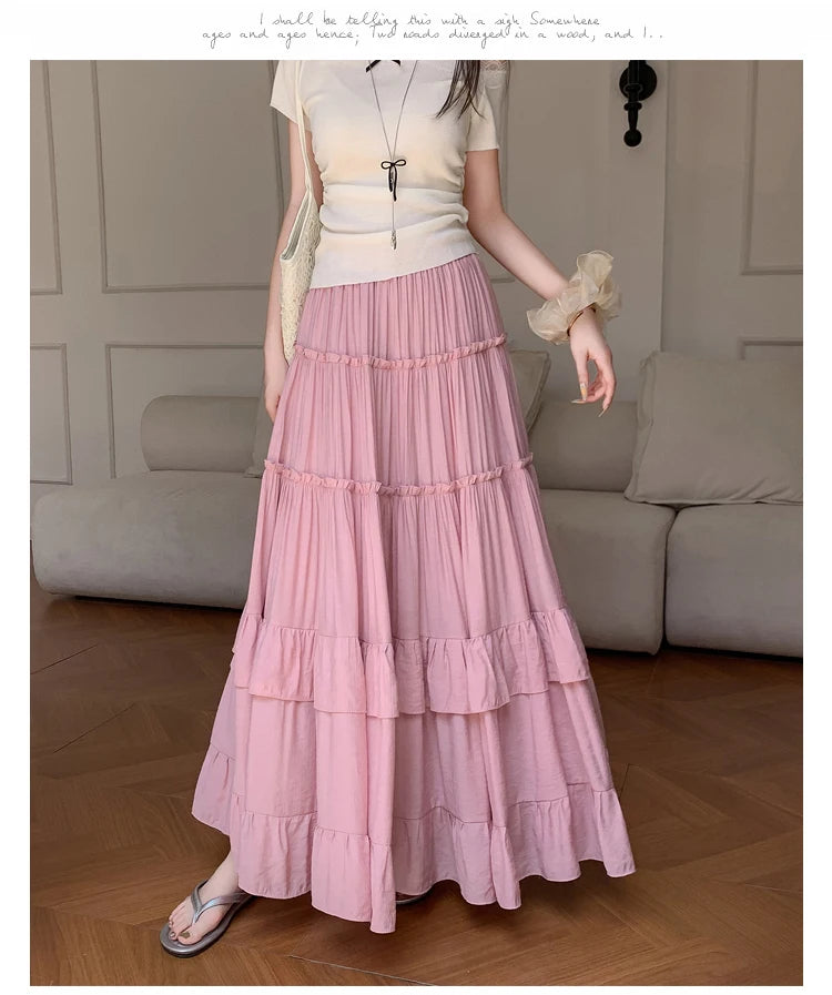 White Tiered Ruffle Hem Skirt 2025 - High Waist Flowy A-Line Maxi Skirt, Summer Chiffon Layered Skirt with Pleats
