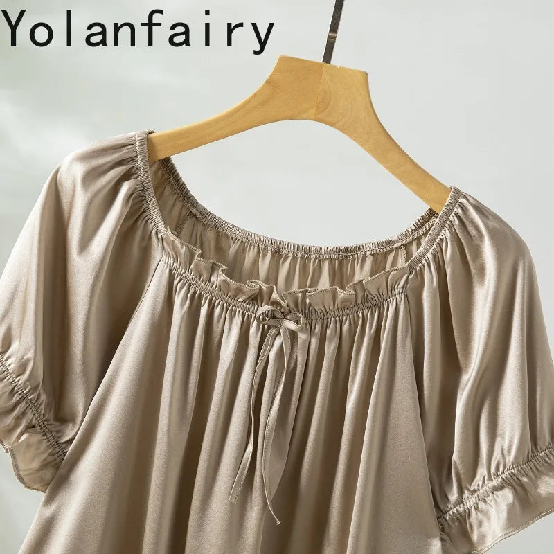 YOLANFAIRY 93% Real Mulberry Silk Pajamas for Woman 2026 Spring Summer High-end Sets Woman 2 Piece Short Sleeve Pijamas De Mujer
