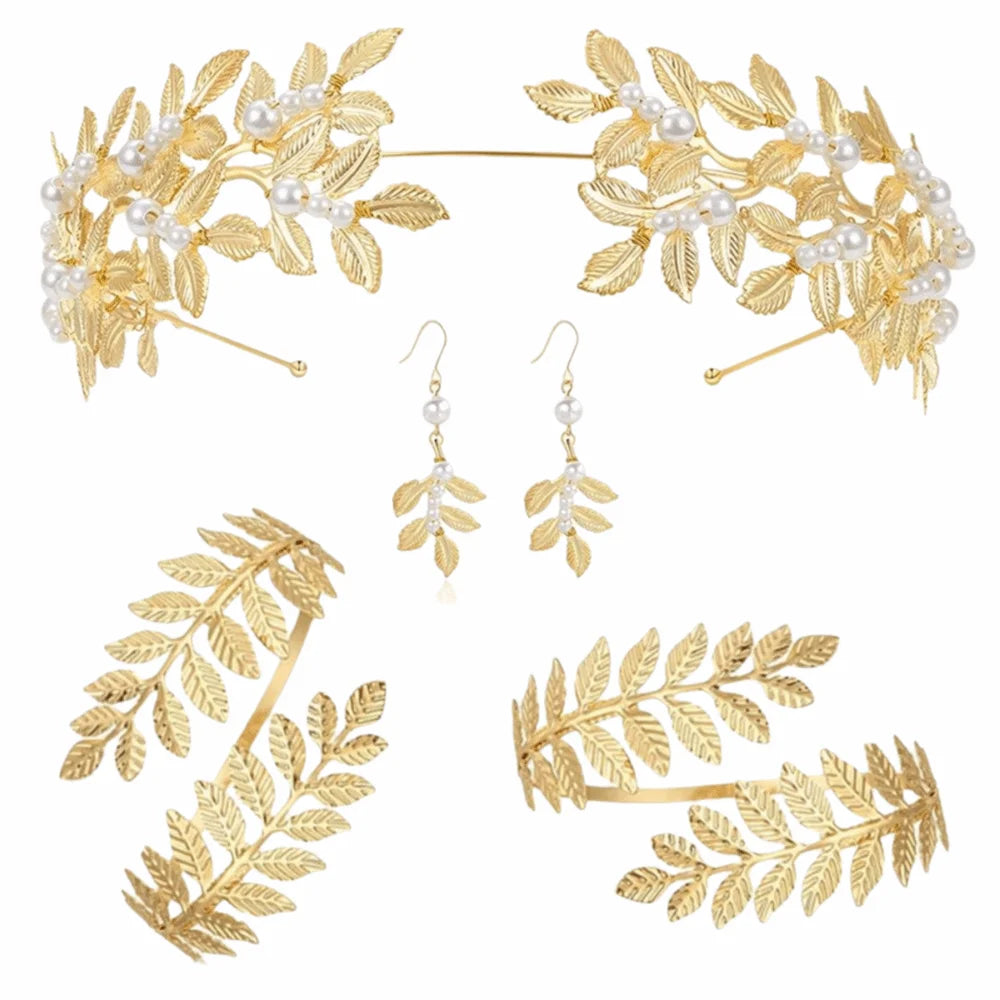 Luxurious Baroque Bridal Jewelry Set Earrings Headpiece And Bracelet Gold Rhinestone For Brides Greek Goddess Theme