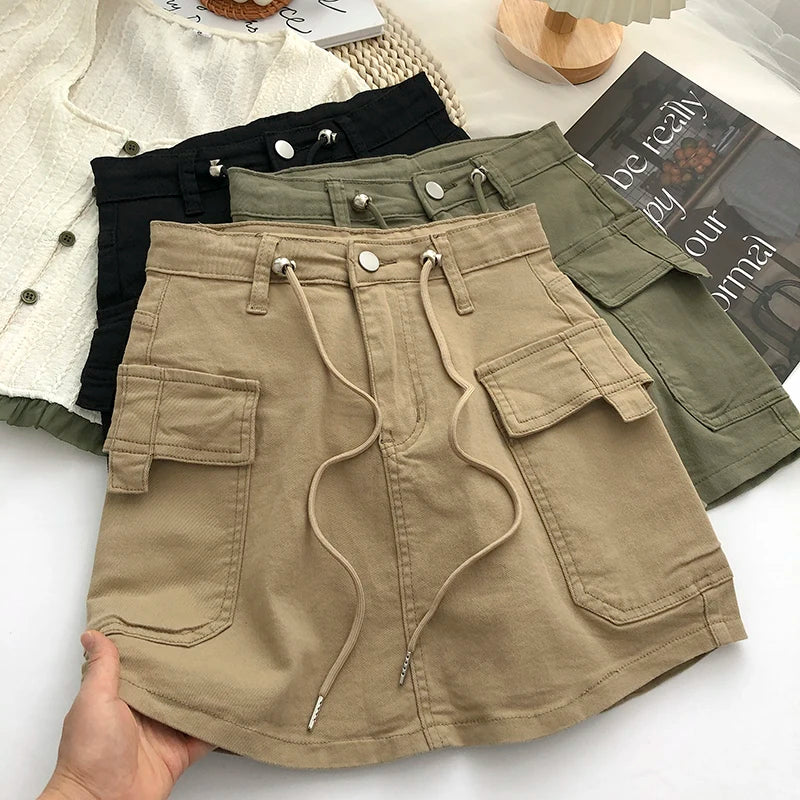 Retro High Waist Denim  Skirt Women's Spring Summer Autumn Casual Drawstring Anti-Light Short Skirt Polyester Fiber