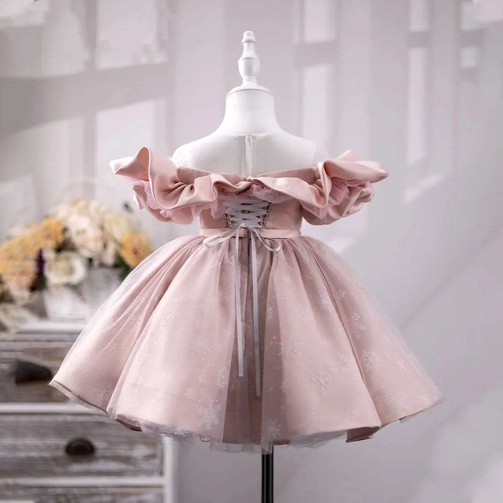 Dreamy Vow J709 Lovely Pink Baby Girl Dress Delicate Ruffled Off-shoulder Snowflake Patterns Winter Party Ball Gown