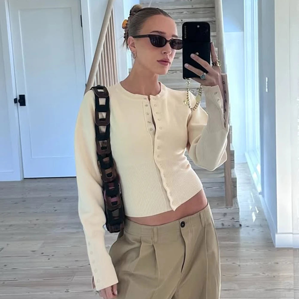Tuularose Women'S'S Spring Cardigan Round Neck Button Casual Solid Knit Sweater Fashion Street High Waist Short Top Sweater Female